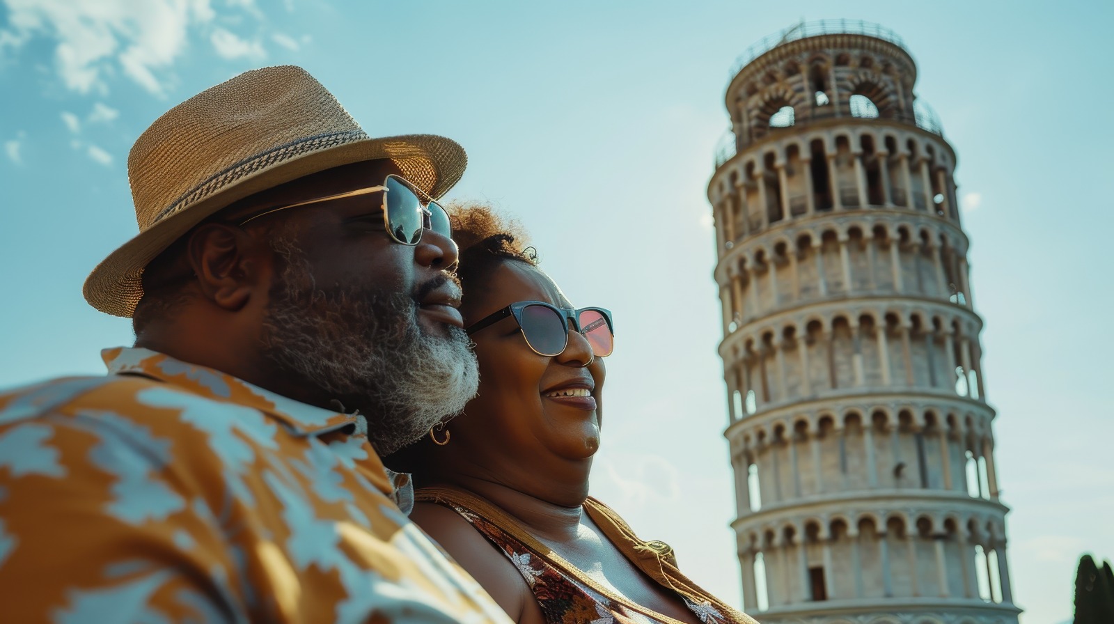 Imagem de um casal ao lado da Torre de Pisa na Itália