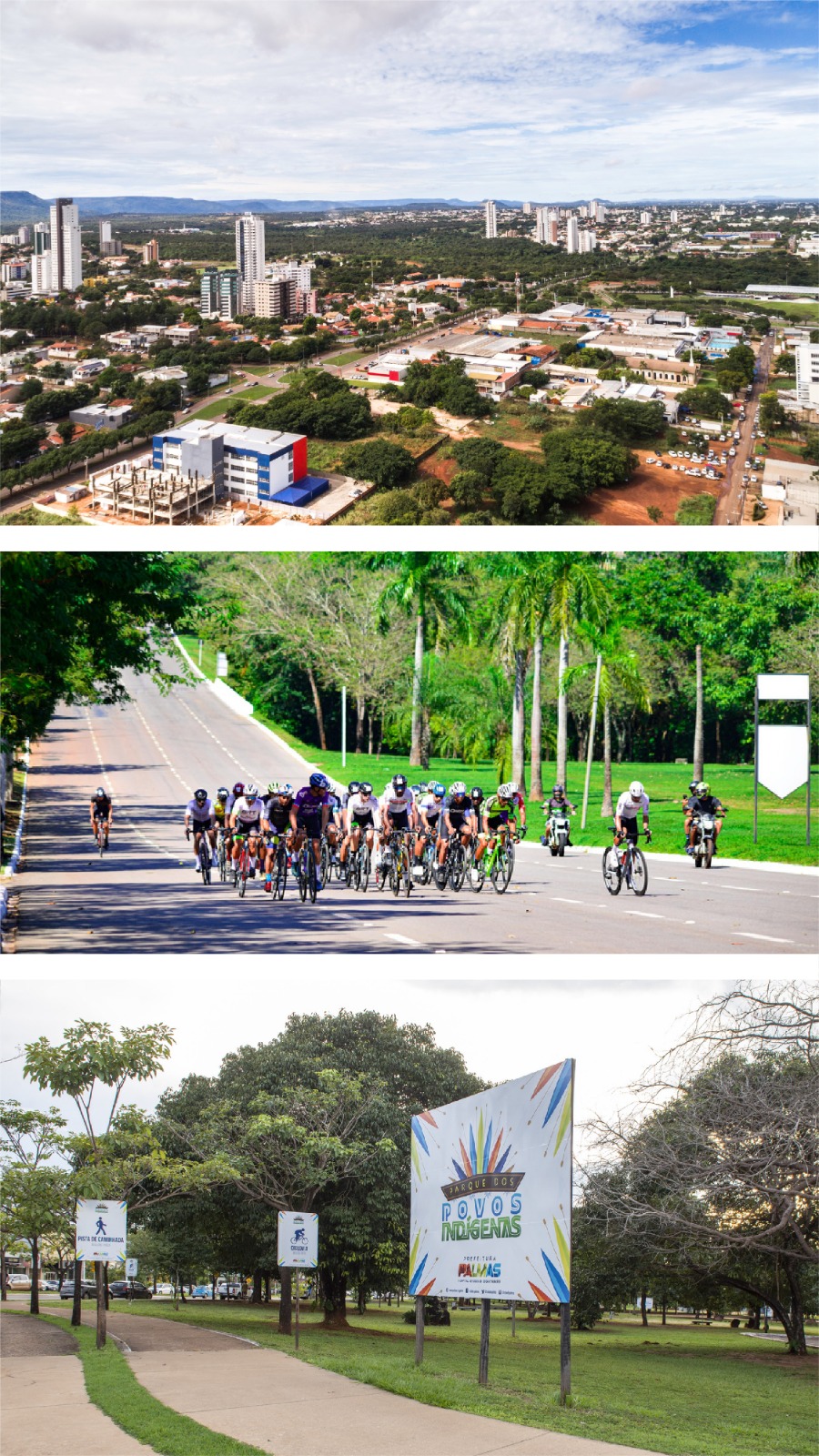 Imagens de dois parques e de um grupo de ciclistas 